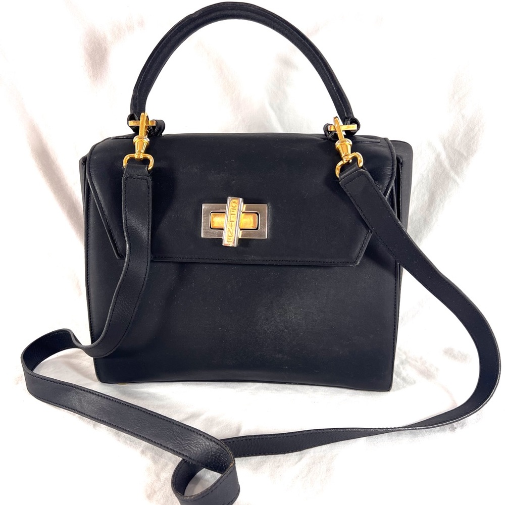 CELINE Vintage Black Canvas Front Logo 2Way Satchel Shoulder Bag Made in Italy